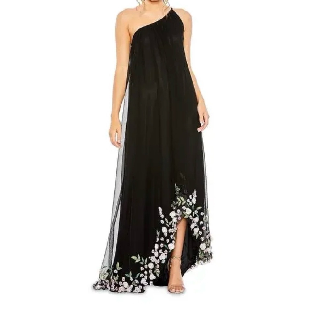 Elegant Black One-Shoulder Dress with Floral Embroidery MAC DUGAAL